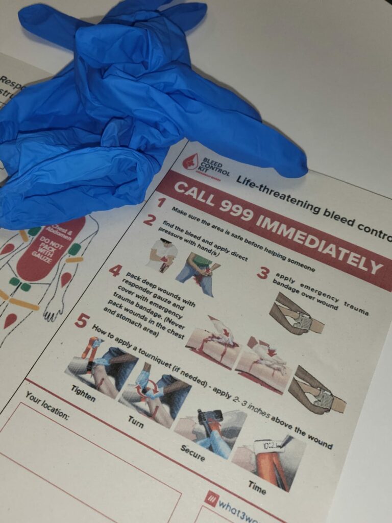 Blue Nitrile Gloves and ZeroResponder Bleed Control Aide Memoire lying on a desk